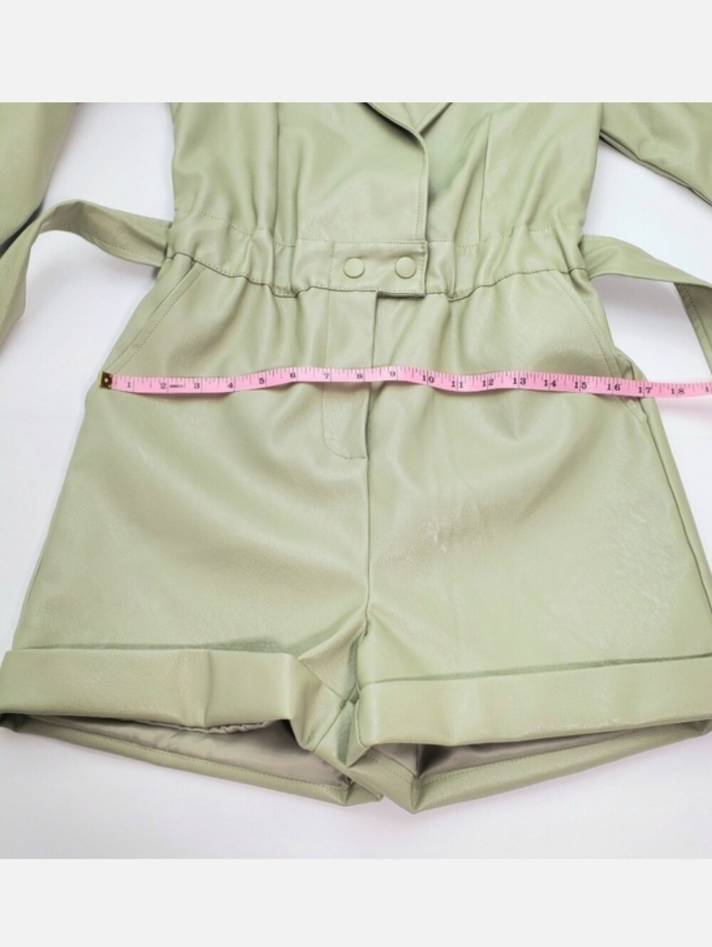 NEW 7 For All Mankind Women's Faux Leather Romper Sage Green Long Sleeves Size S - Picture 5 of 13